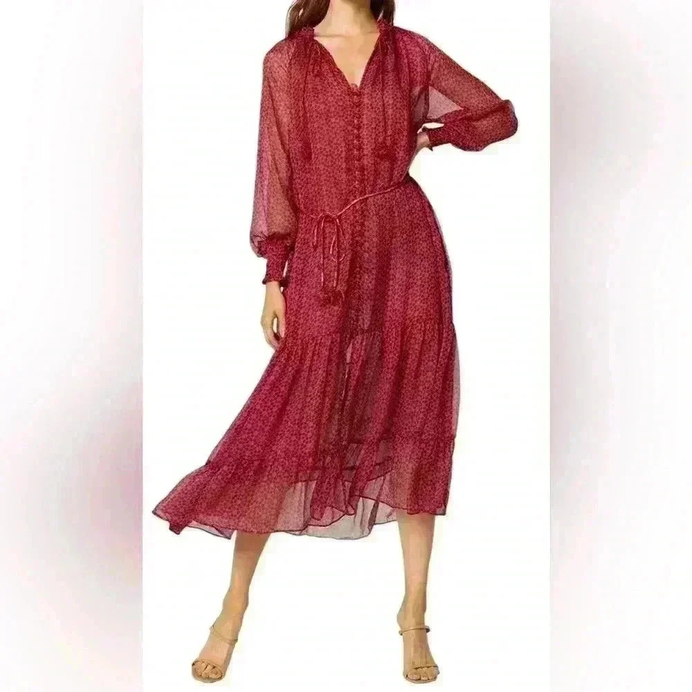 MISA Los Angeles Louisa Red Sheer Midi Dress NWT Size Large